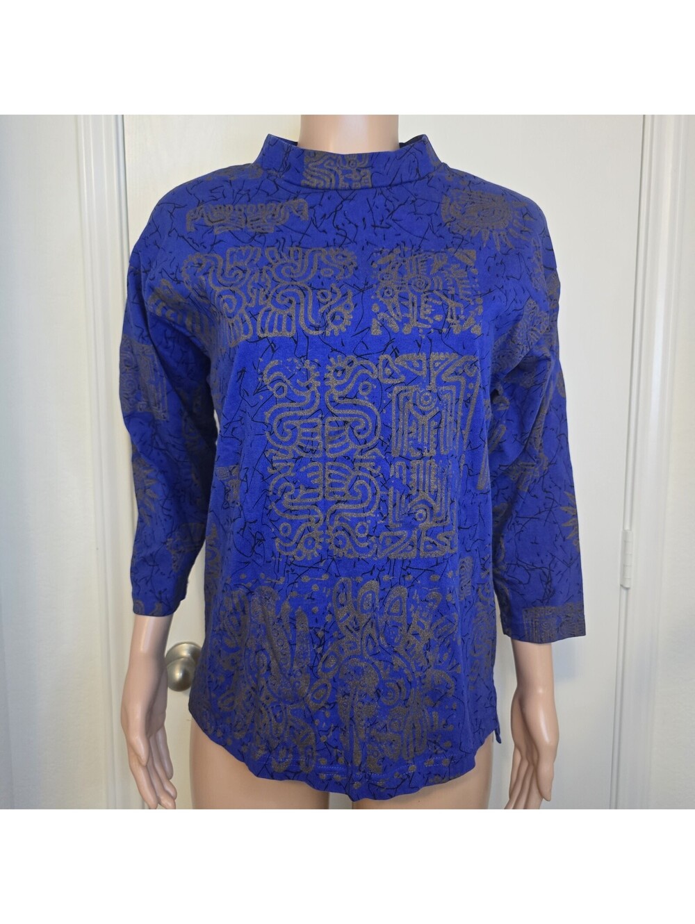 VTG 80s 90s Boho Tribal Statement Print Retro Artsy Top Sz M Mock Neck Boxy USA